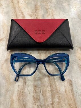 SEE Blue Cat-Eye Women's Glasses with Branded Case and cleaning cloth
